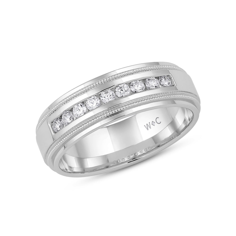 Channel Set Milgrain Stepped Edge Classic Men's Band with 14KT White Gold / Lab / 1/3 Cut Diamond in 14KT White Gold / Lab / 1/3 view 3
