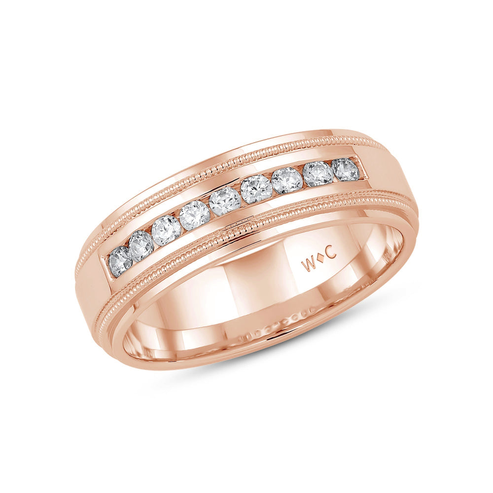 Channel Set Milgrain Stepped Edge Classic Men's Band with 14KT Rose Gold / Lab / 1/3 Cut Diamond in 14KT Rose Gold / Lab / 1/3 view 3

