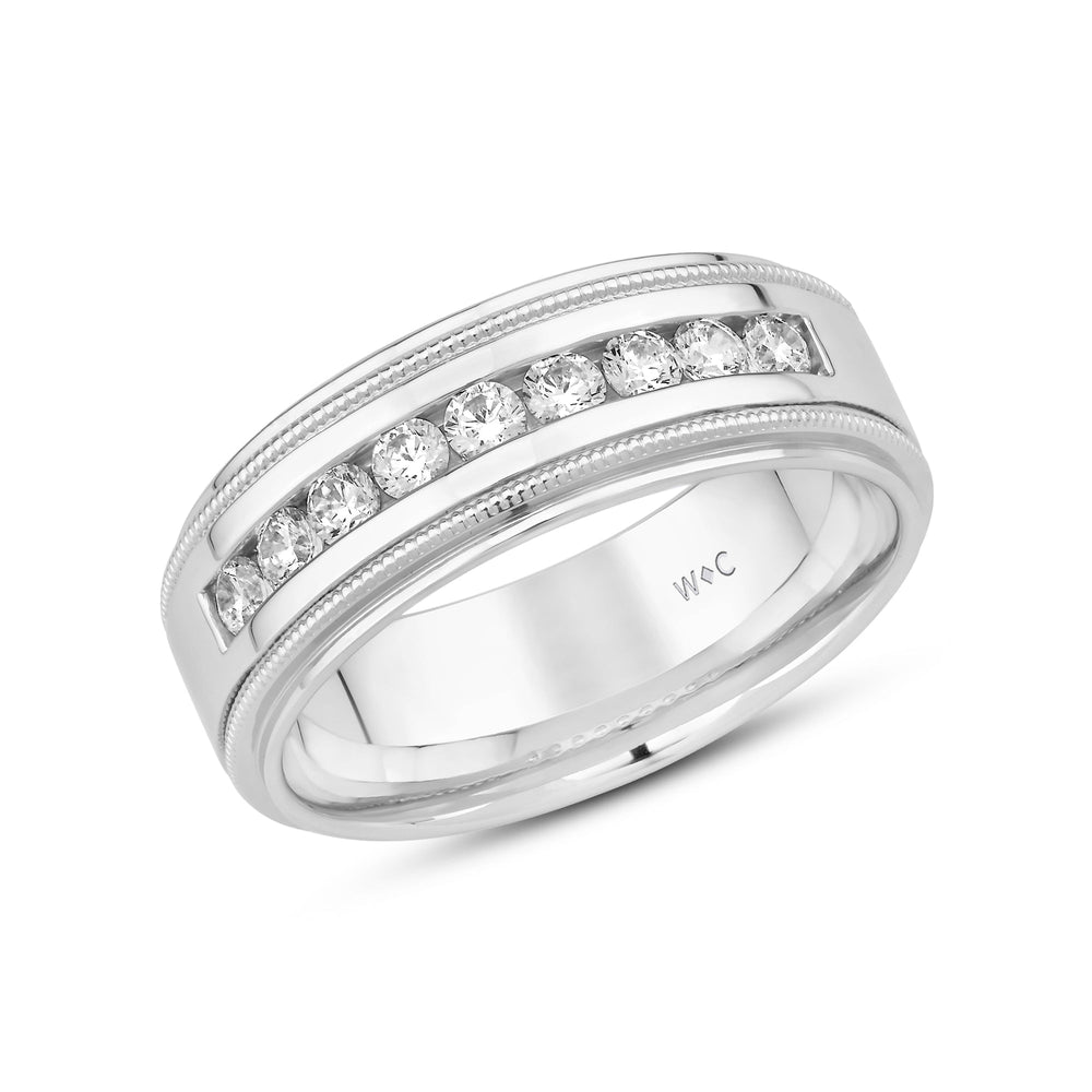 Channel Set Milgrain Stepped Edge Classic Men's Band with 14KT White Gold / Lab / 1/2 Cut Diamond in 14KT White Gold / Lab / 1/2 view 3
