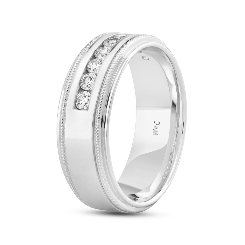 Channel Set Milgrain Stepped Edge Classic Men's Band with 14KT White Gold / Lab / 1/2 Cut Diamond in 14KT White Gold / Lab / 1/2 view 4

