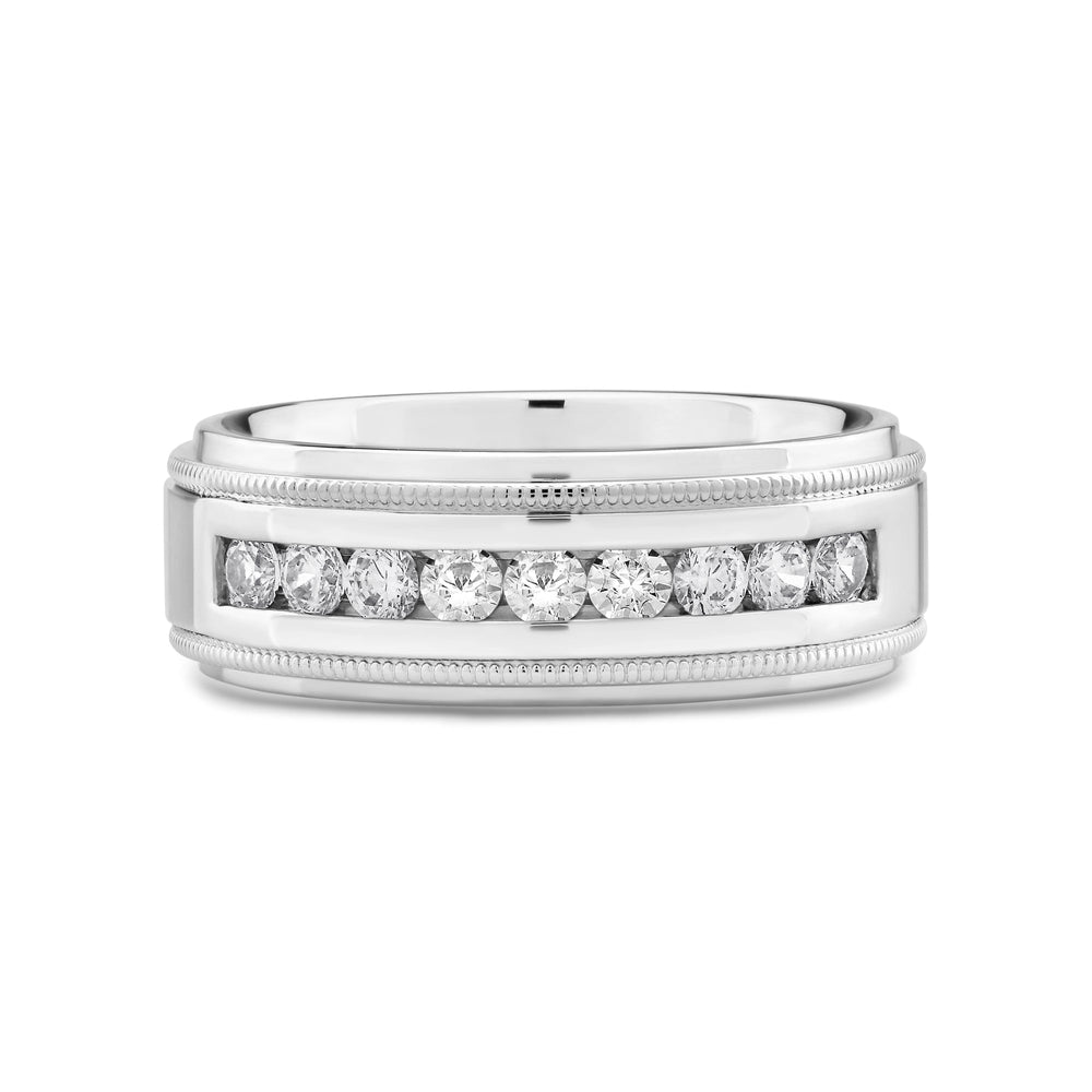 Channel Set Milgrain Stepped Edge Classic Men's Band with 14KT White Gold / Lab / 1/2 Cut Diamond in 14KT White Gold / Lab / 1/2 view 1
