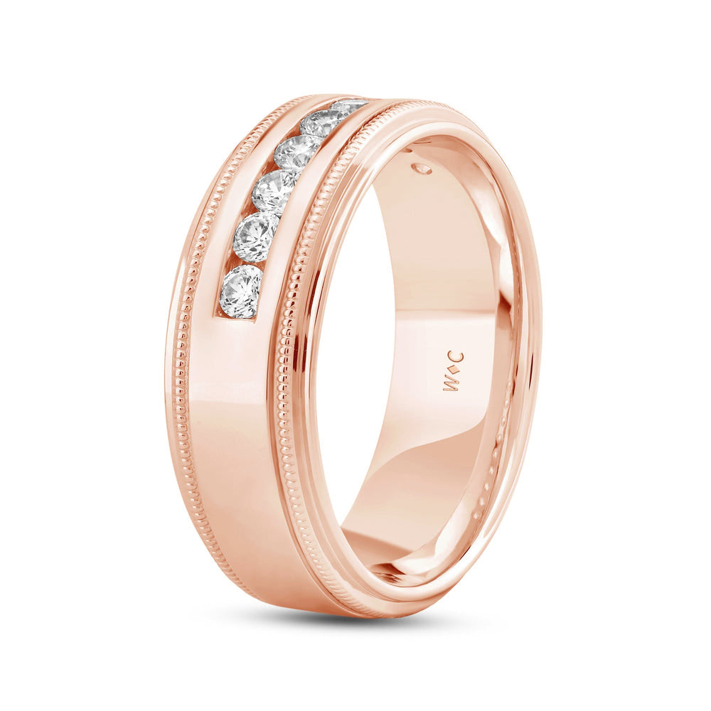 Channel Set Milgrain Stepped Edge Classic Men's Band with 14KT Rose Gold / Lab / 1/2 Cut Diamond in 14KT Rose Gold / Lab / 1/2 view 4
