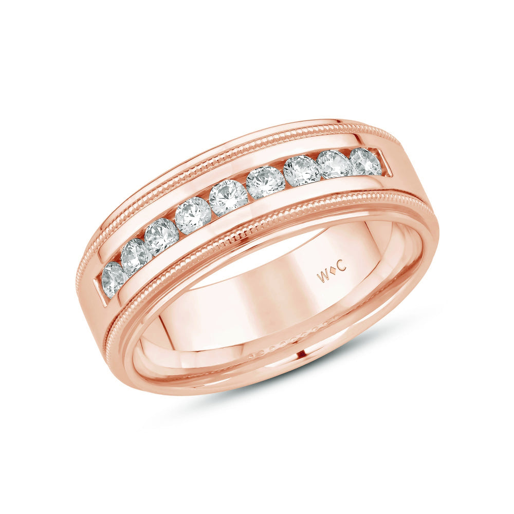 Channel Set Milgrain Stepped Edge Classic Men's Band with 14KT Rose Gold / Lab / 1/2 Cut Diamond in 14KT Rose Gold / Lab / 1/2 view 3
