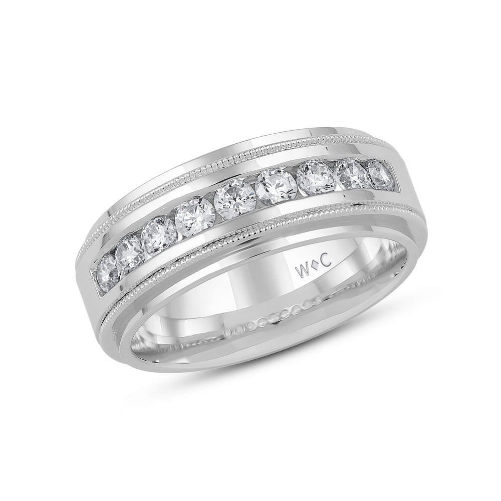 Channel Set Milgrain Stepped Edge Classic Men's Band with 14KT White Gold / Lab / 3/4 Cut Diamond in 14KT White Gold / Lab / 3/4 view 3
