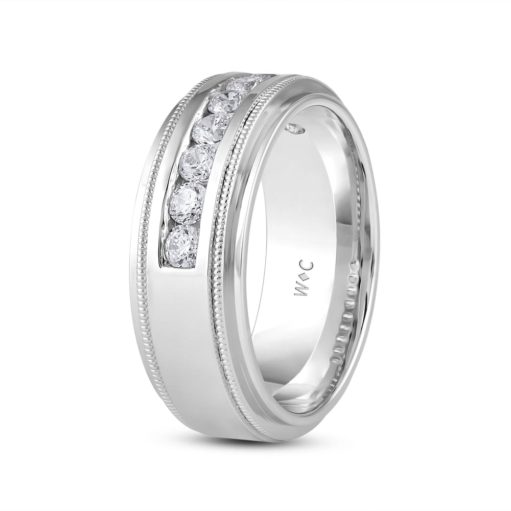 Channel Set Milgrain Stepped Edge Classic Men's Band with 14KT White Gold / Lab / 3/4 Cut Diamond in 14KT White Gold / Lab / 3/4 view 4
