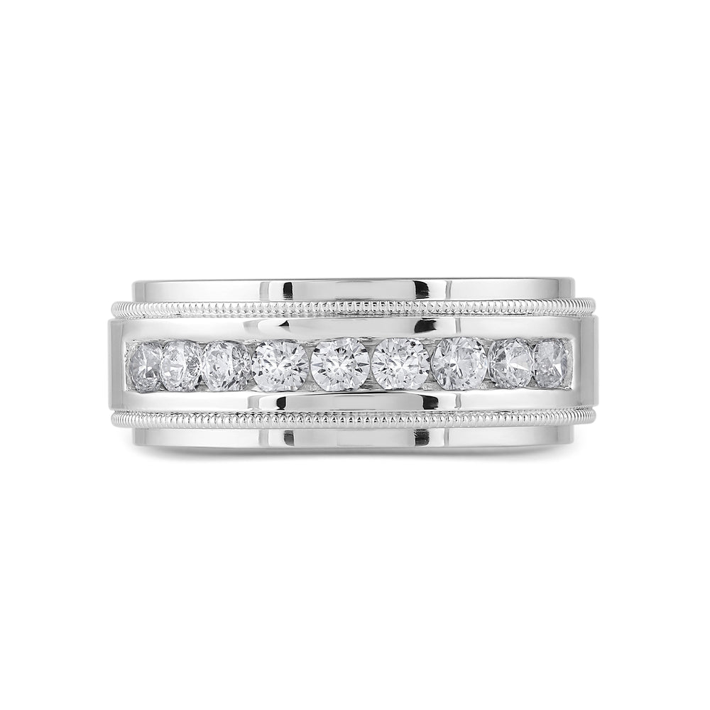 Channel Set Milgrain Stepped Edge Classic Men's Band with 14KT White Gold / Lab / 3/4 Cut Diamond in 14KT White Gold / Lab / 3/4 view 1
