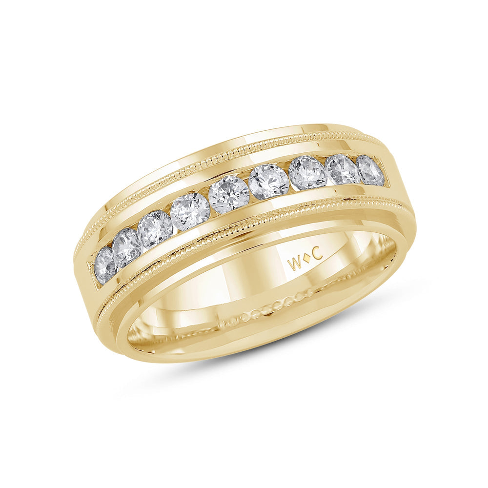 Channel Set Milgrain Stepped Edge Classic Men's Band with 14KT Yellow Gold / Lab / 3/4 Cut Diamond in 14KT Yellow Gold / Lab / 3/4 view 3
