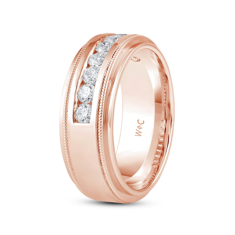 Channel Set Milgrain Stepped Edge Classic Men's Band with 14KT Rose Gold / Lab / 3/4 Cut Diamond in 14KT Rose Gold / Lab / 3/4 view 4
