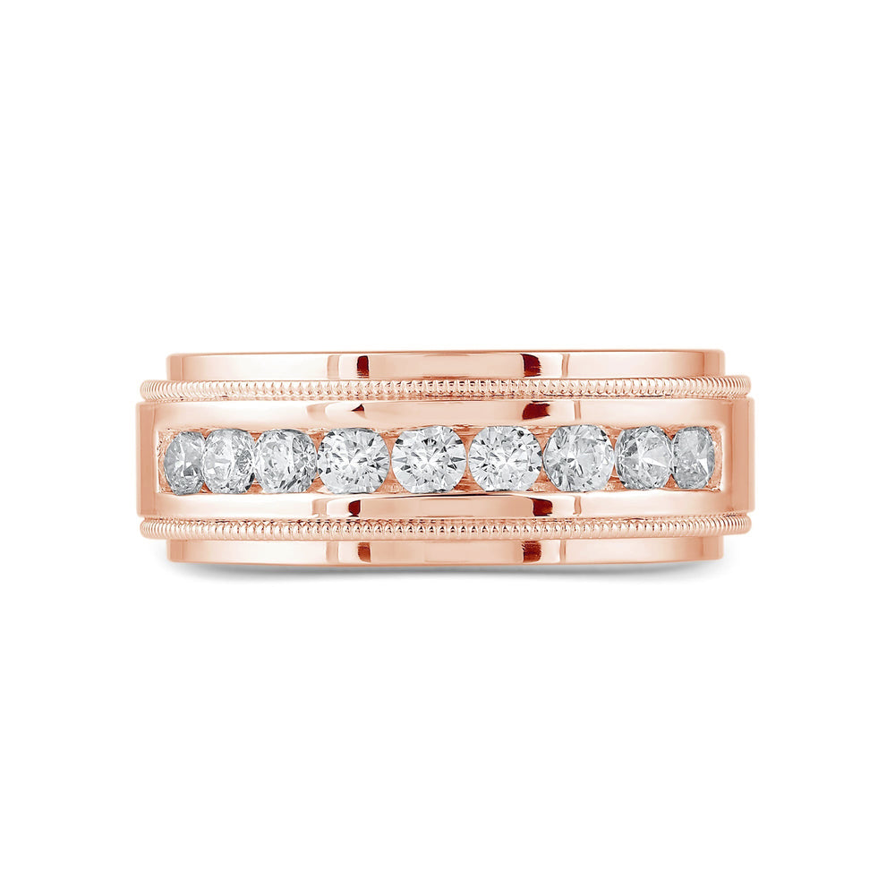 Channel Set Milgrain Stepped Edge Classic Men's Band with 14KT Rose Gold / Lab / 3/4 Cut Diamond in 14KT Rose Gold / Lab / 3/4 view 1
