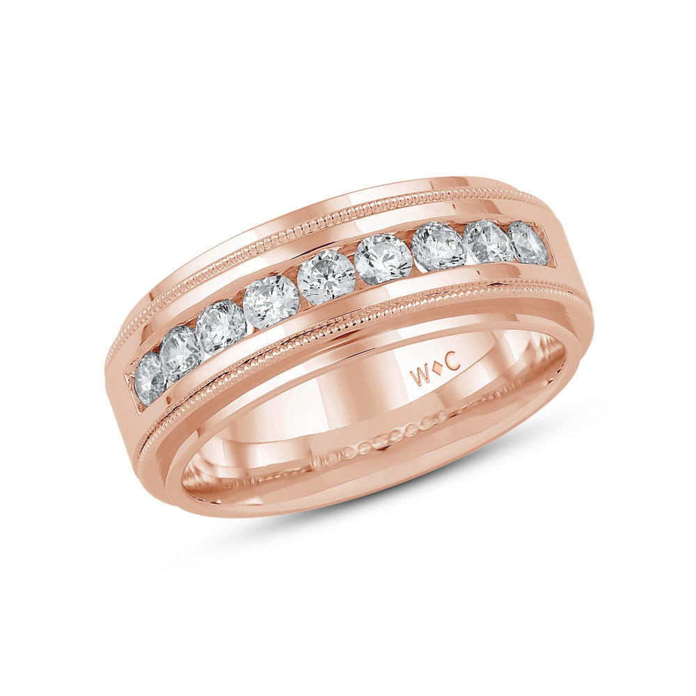 Channel Set Milgrain Stepped Edge Classic Men's Band with 14KT Rose Gold / Lab / 3/4 Cut Diamond in 14KT Rose Gold / Lab / 3/4 view 3
