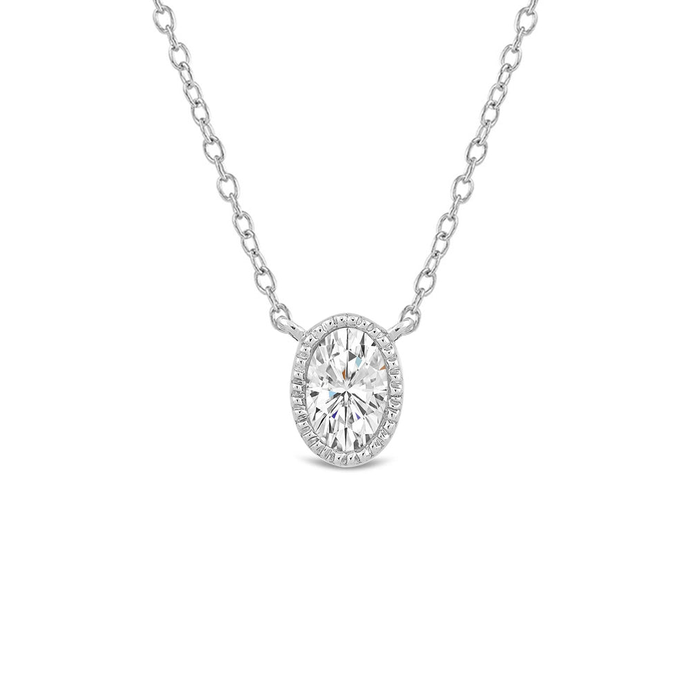 Milgrain Bezel Set Oval Lab Created Diamond Solitaire Necklace with 14KT White Gold / Lab / 1 Cut Diamond in 14KT White Gold / Lab / 1 view 4
