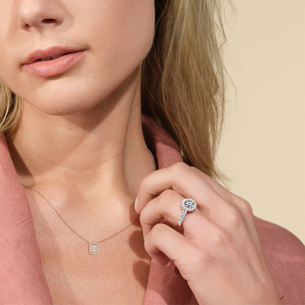 Halo Emerald Lab Created Diamond Necklace with 14KT White Gold / Lab / 1 1/3 Cut Diamond in 14KT White Gold / Lab / 1 1/3 view 2
