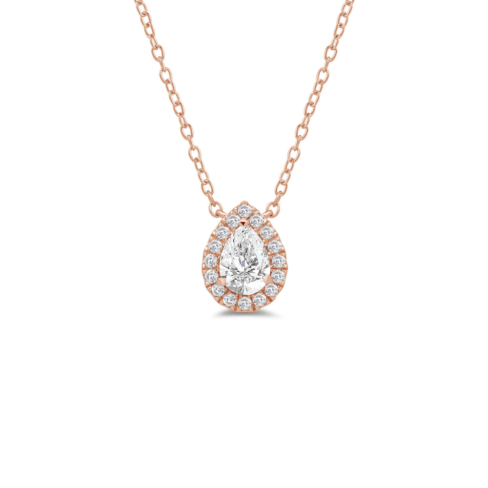 Halo Pear Lab Created Diamond Necklace with 14KT Rose Gold / Lab / 3/4 Cut Diamond in 14KT Rose Gold / Lab / 3/4 view 1
