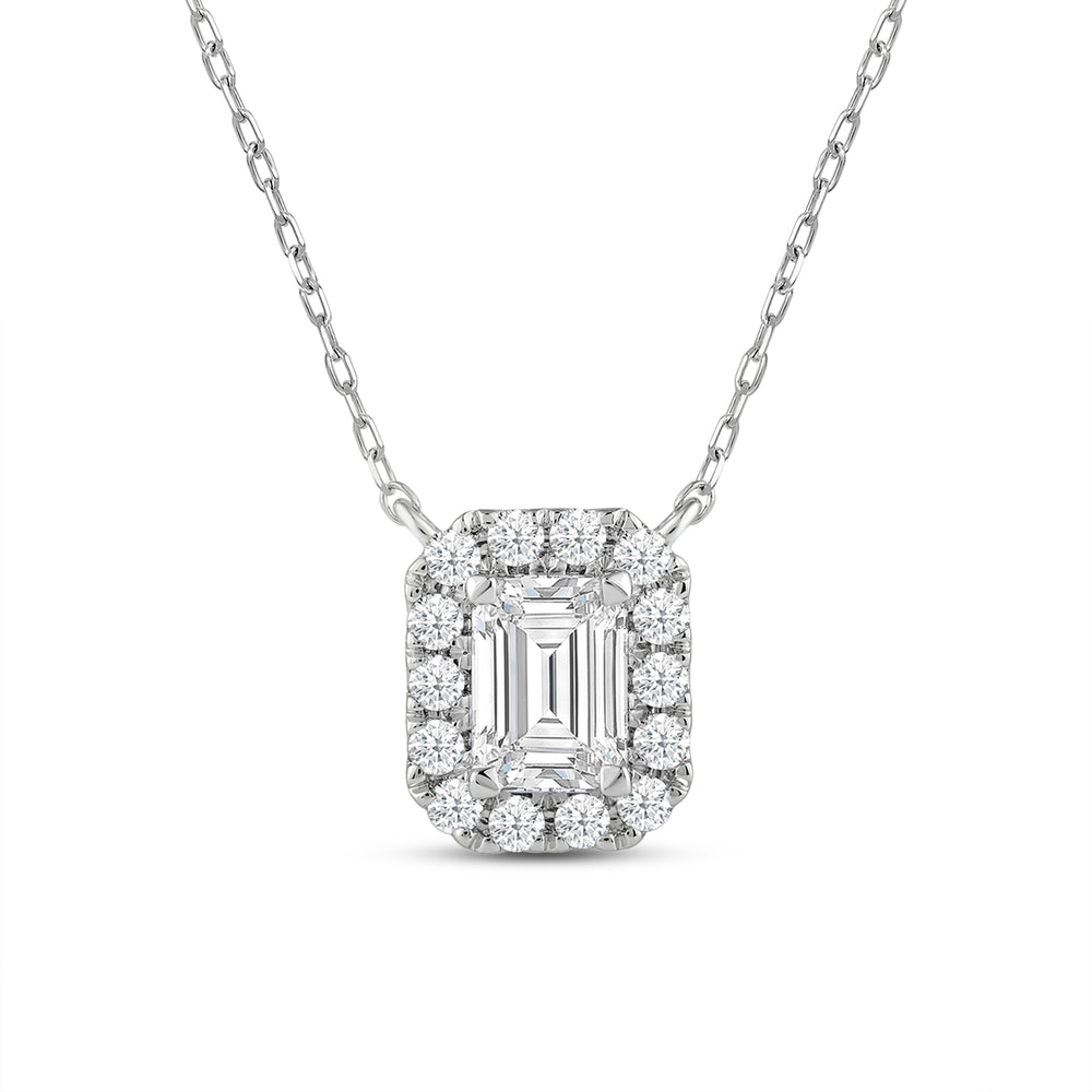 Halo Emerald Lab Created Diamond Necklace with 14KT White Gold / Lab / 3/4 Cut Diamond in 14KT White Gold / Lab / 3/4 view 4
