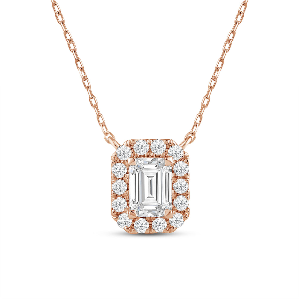 Halo Emerald Lab Created Diamond Necklace with 14KT Rose Gold / Lab / 3/4 Cut Diamond in 14KT Rose Gold / Lab / 3/4 view 4
