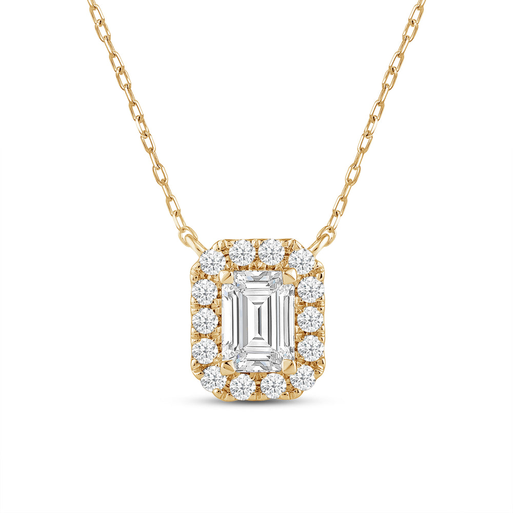 Halo Emerald Lab Created Diamond Necklace with 14KT Yellow Gold / Lab / 3/4 Cut Diamond in 14KT Yellow Gold / Lab / 3/4 view 4
