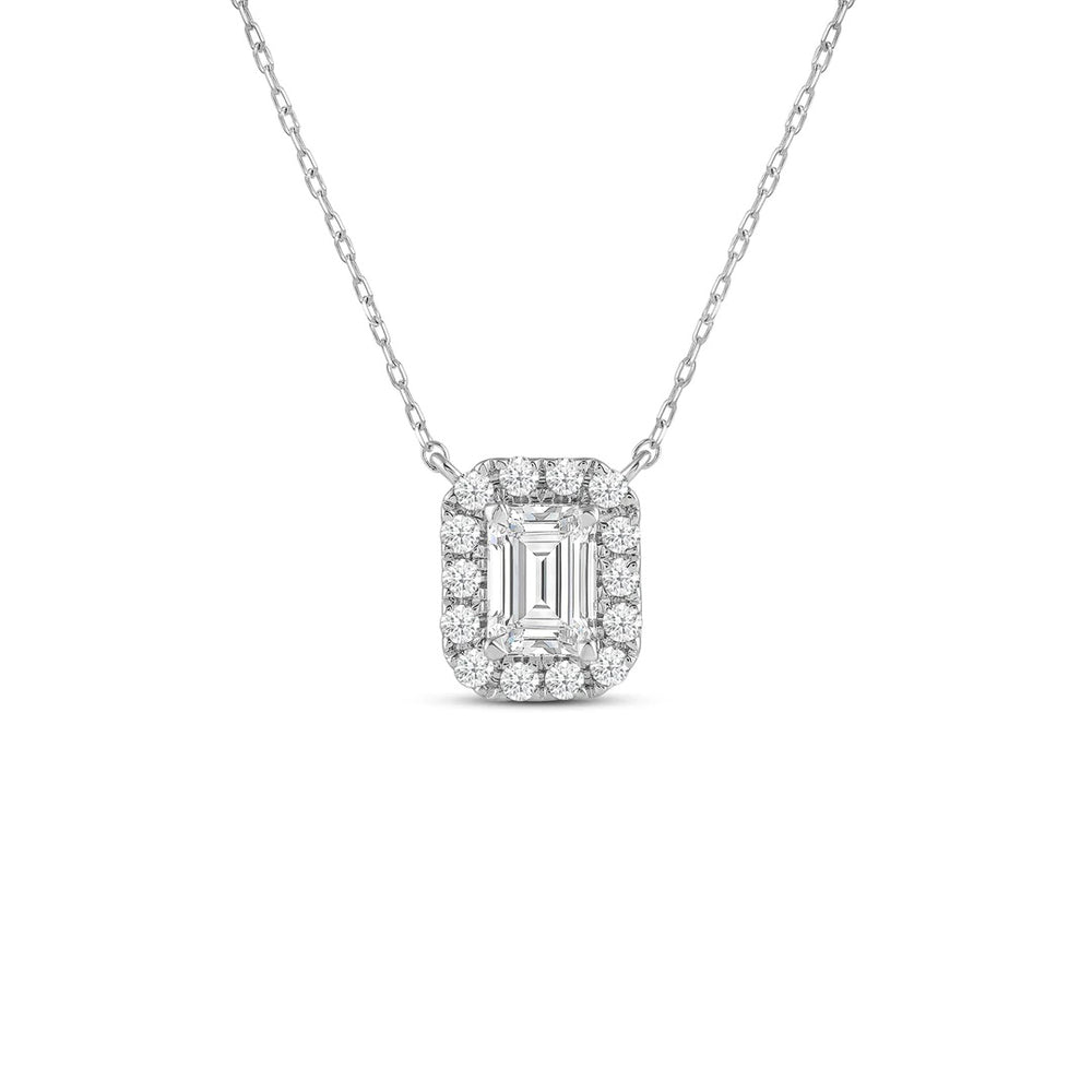 Halo Emerald Lab Created Diamond Necklace with 14KT White Gold / Lab / 3/4 Cut Diamond in 14KT White Gold / Lab / 3/4 view 1
