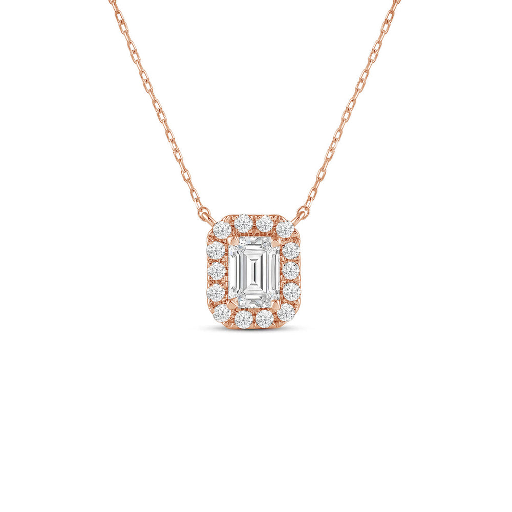 Halo Emerald Lab Created Diamond Necklace with 14KT Rose Gold / Lab / 3/4 Cut Diamond in 14KT Rose Gold / Lab / 3/4 view 1

