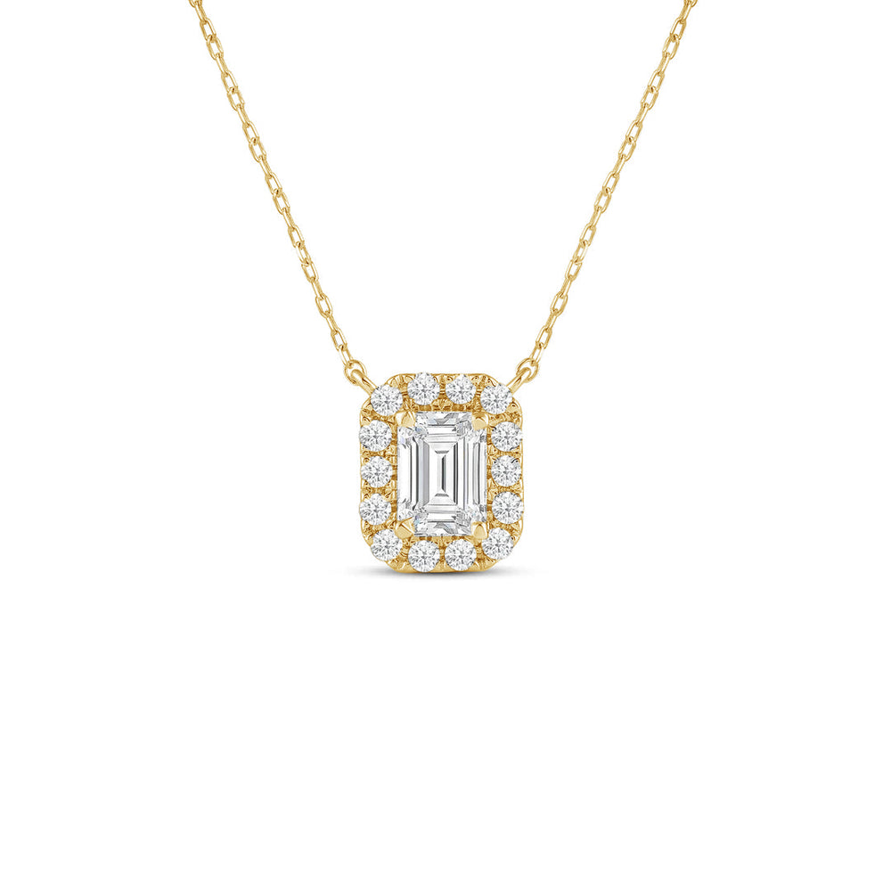 Halo Emerald Lab Created Diamond Necklace with 14KT Yellow Gold / Lab / 3/4 Cut Diamond in 14KT Yellow Gold / Lab / 3/4 view 1
