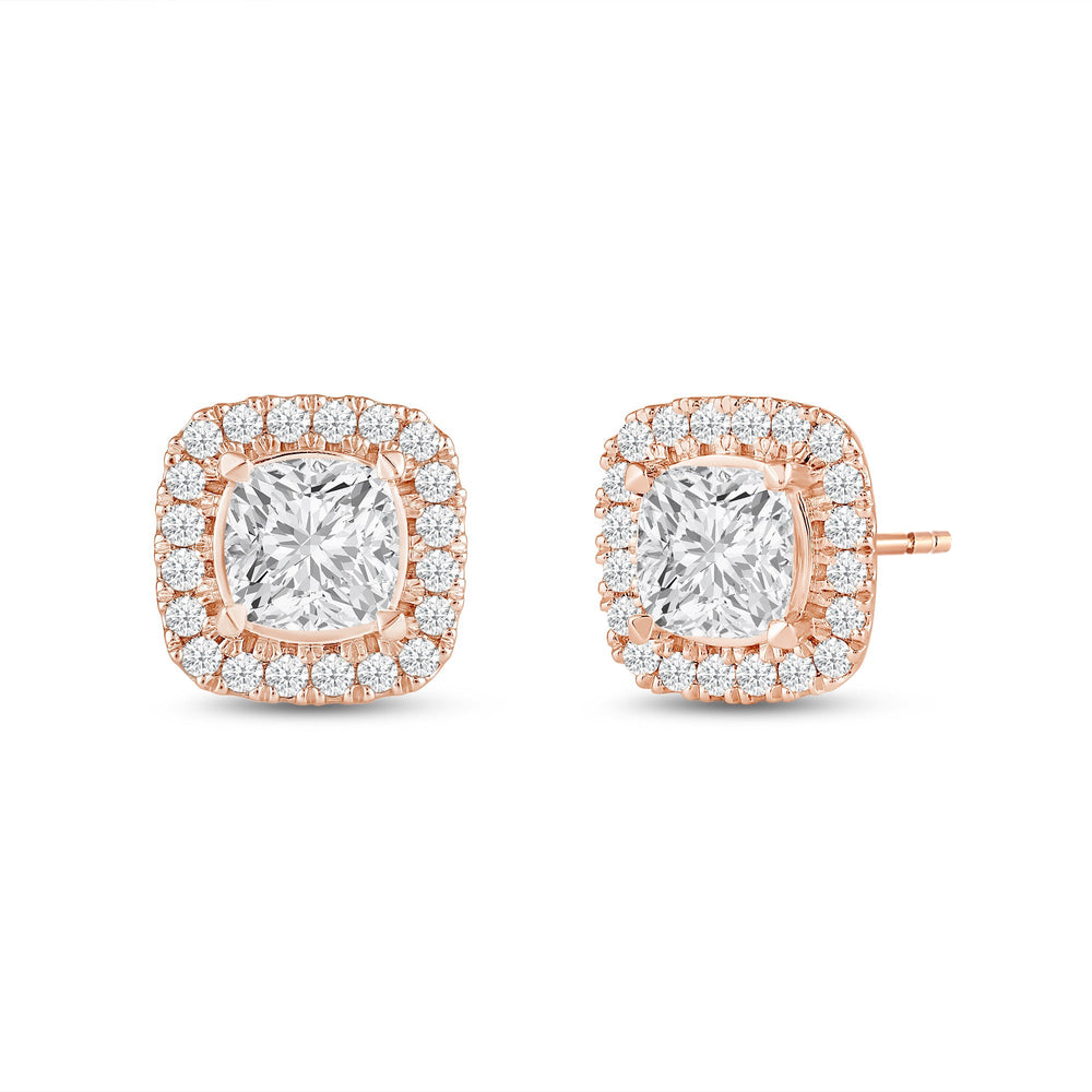 Cushion Diamond Halo Earrings with 14KT Rose Gold / Lab / 3 1/2 Cut Diamond in 14KT Rose Gold / Lab / 3 1/2 view 1
