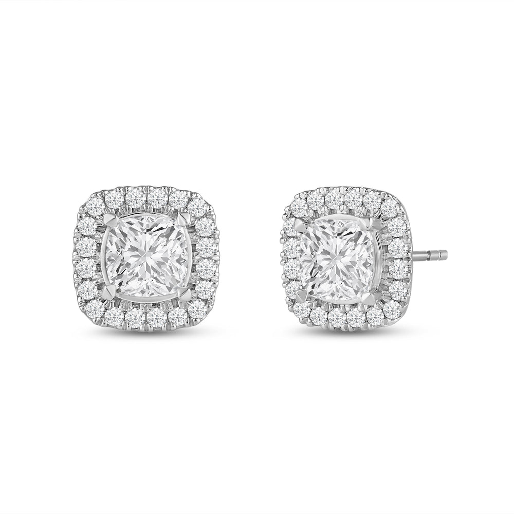 Cushion Diamond Halo Earrings with 14KT White Gold / Lab / 3 1/2 Cut Diamond in 14KT White Gold / Lab / 3 1/2 view 1

