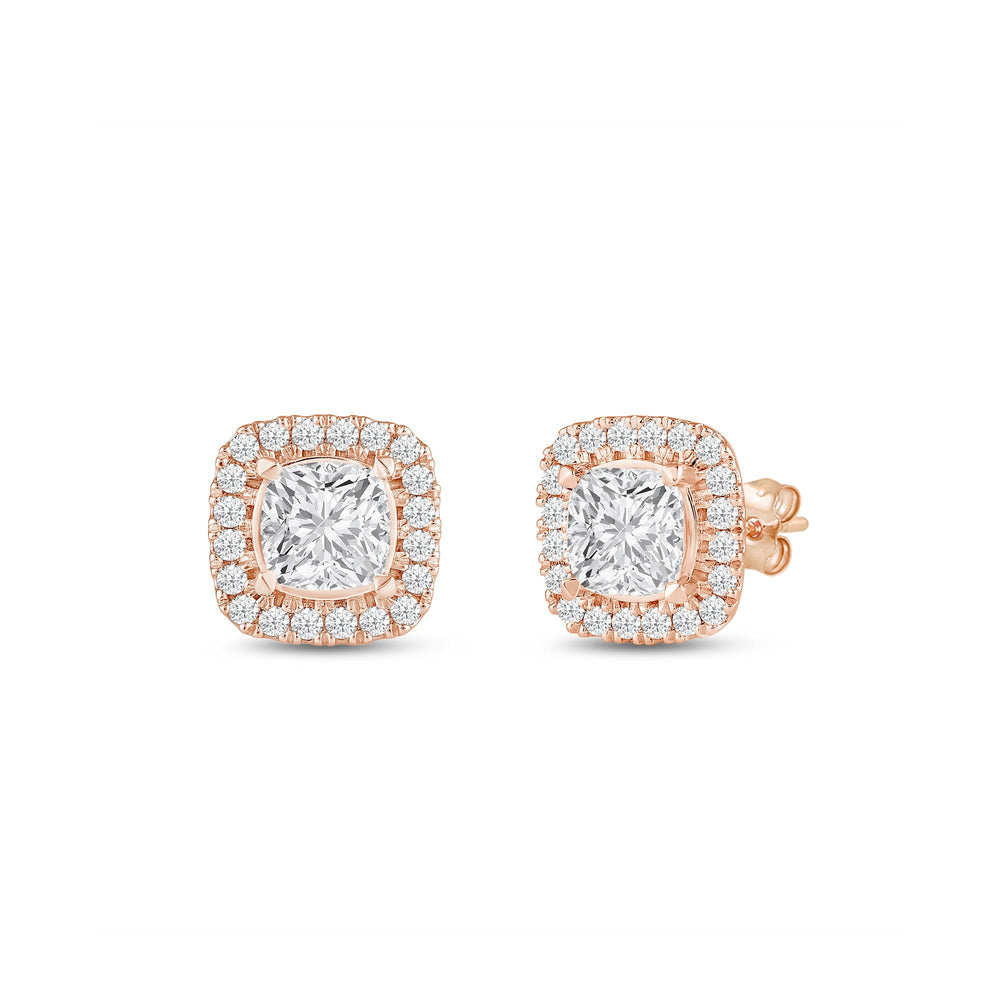 Cushion Diamond Halo Earrings with 14KT Rose Gold / Lab / 1 1/4 Cut Diamond in 14KT Rose Gold / Lab / 1 1/4 view 1
