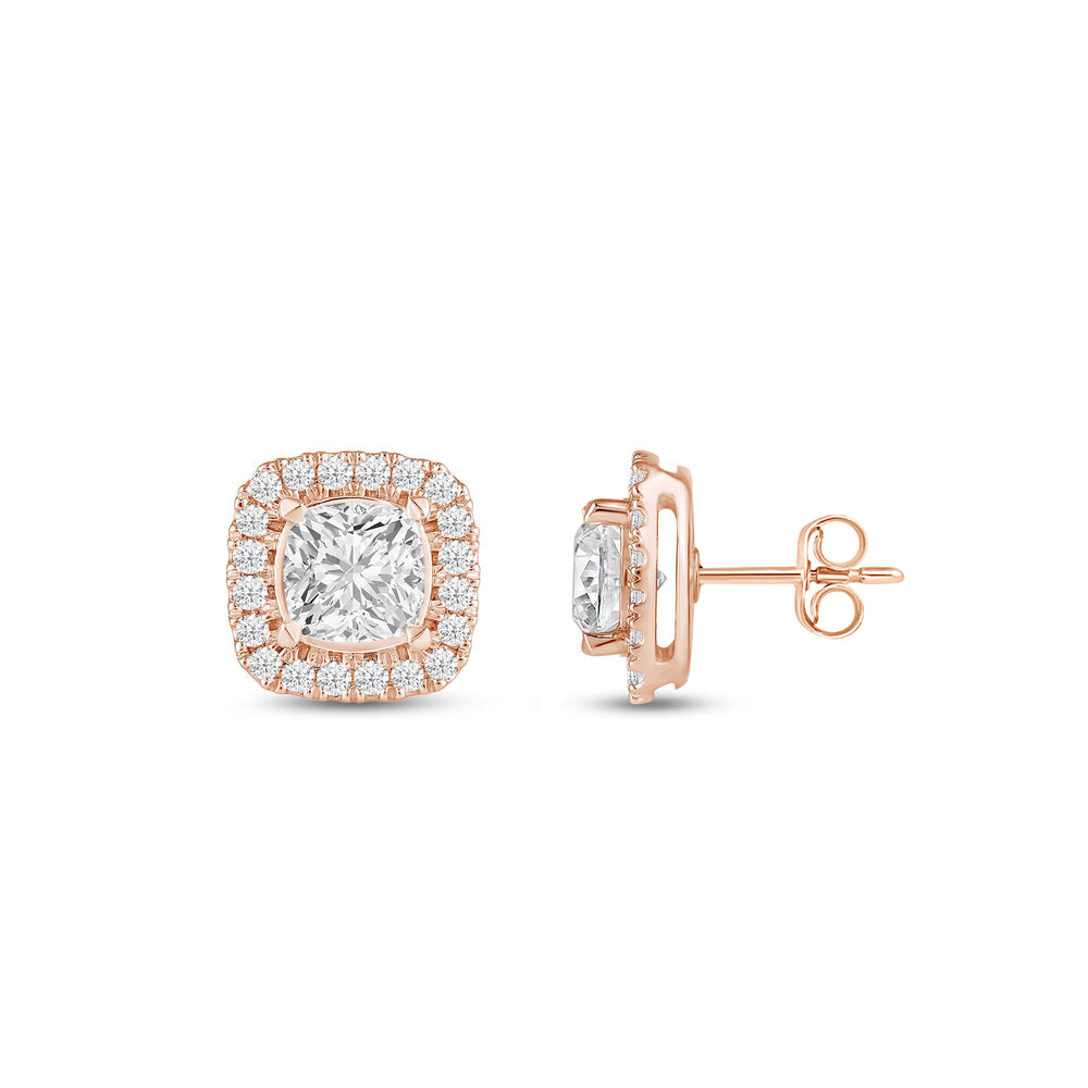 Cushion Diamond Halo Earrings with 14KT Rose Gold / Lab / 1 1/4 Cut Diamond in 14KT Rose Gold / Lab / 1 1/4 view 5
