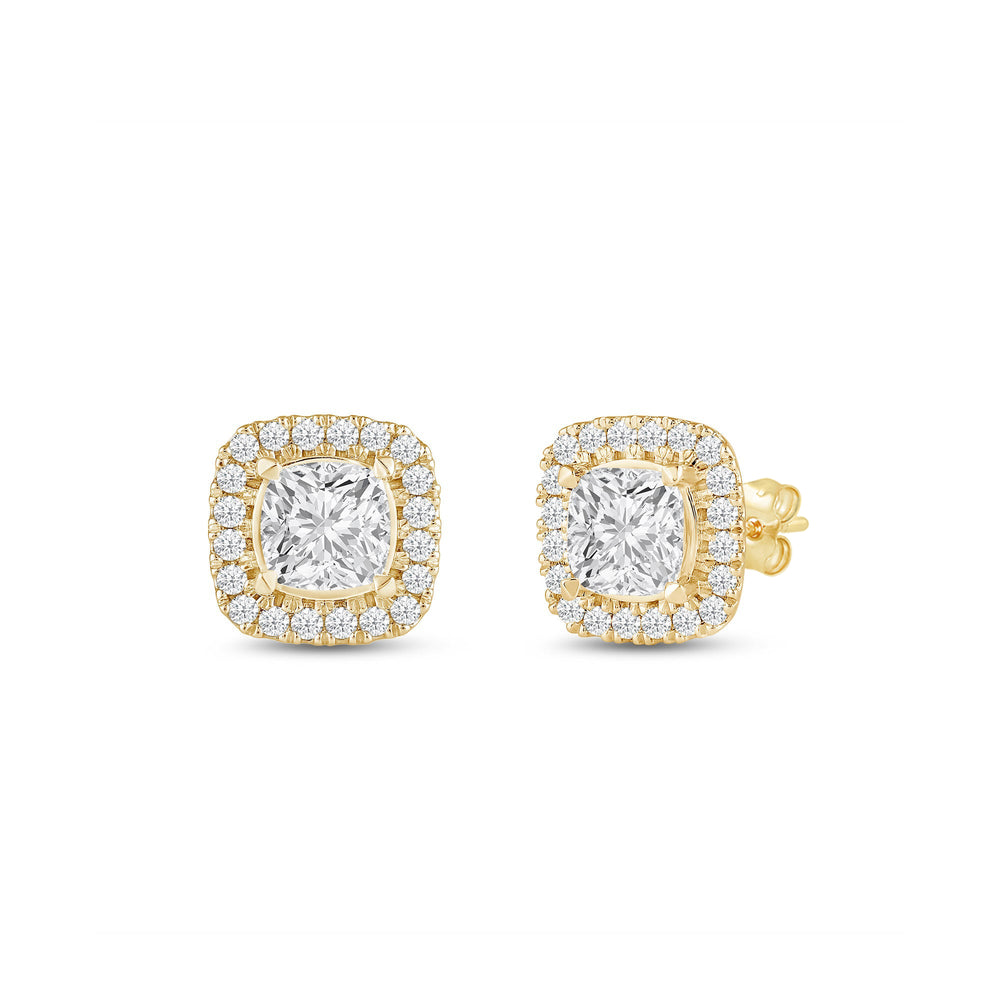 Cushion Diamond Halo Earrings with 14KT Yellow Gold / Lab / 1 1/4 Cut Diamond in 14KT Yellow Gold / Lab / 1 1/4 view 1
