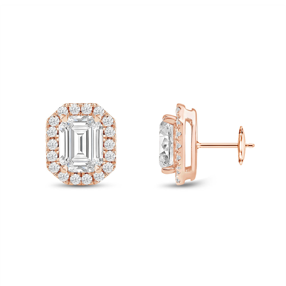 Emerald Diamond Halo Earrings with 14KT Rose Gold / Lab / 4 3/4 Cut Diamond in 14KT Rose Gold / Lab / 4 3/4 view 5
