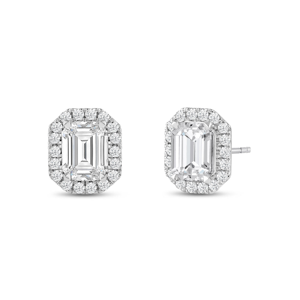 Emerald Diamond Halo Earrings with 14KT White Gold / Lab / 4 3/4 Cut Diamond in 14KT White Gold / Lab / 4 3/4 view 1
