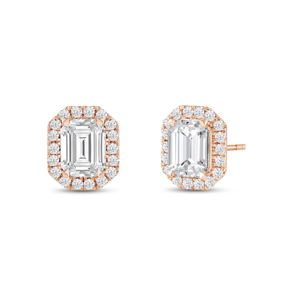 Emerald Diamond Halo Earrings with 14KT Rose Gold / Lab / 4 3/4 Cut Diamond in 14KT Rose Gold / Lab / 4 3/4 view 1
