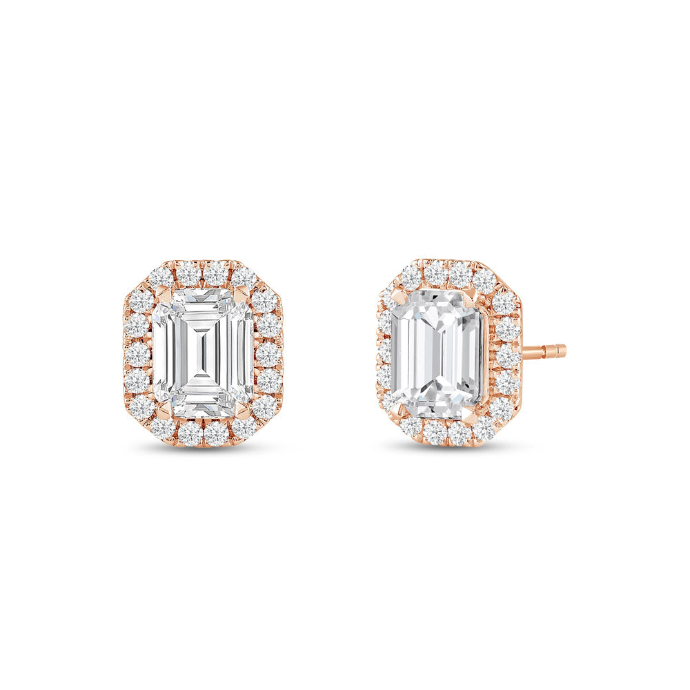 Emerald Diamond Halo Earrings with 14KT Rose Gold / Lab / 3 1/2 Cut Diamond in 14KT Rose Gold / Lab / 3 1/2 view 1
