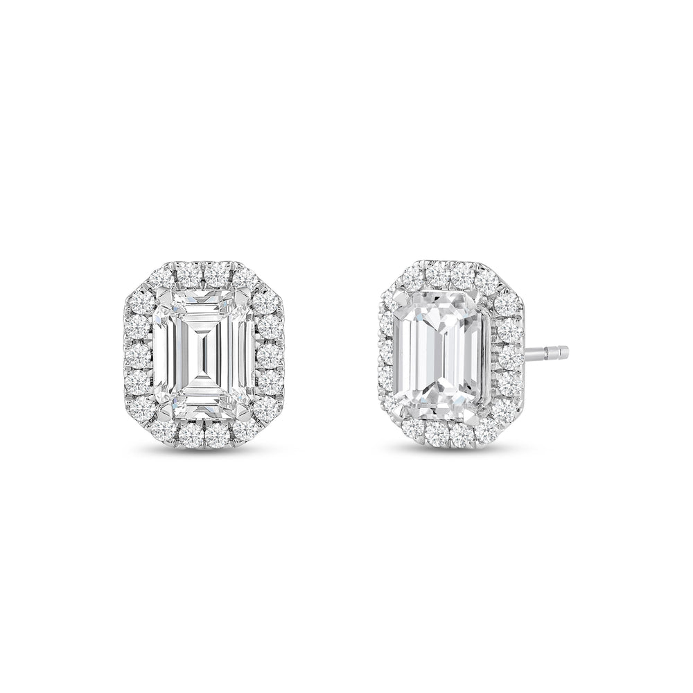 Emerald Diamond Halo Earrings with 14KT White Gold / Lab / 3 1/2 Cut Diamond in 14KT White Gold / Lab / 3 1/2 view 1
