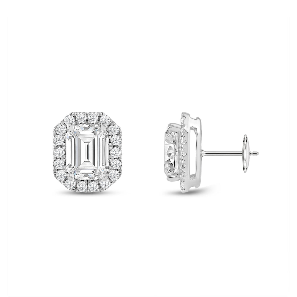 Emerald Diamond Halo Earrings with 14KT White Gold / Lab / 3 1/2 Cut Diamond in 14KT White Gold / Lab / 3 1/2 view 5
