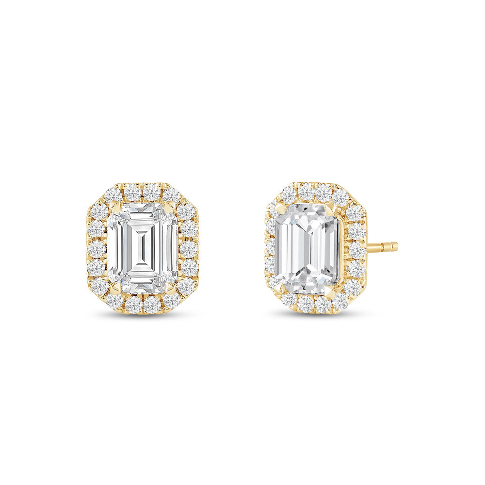 Emerald Diamond Halo Earrings with 14KT Yellow Gold / Lab / 3 1/2 Cut Diamond in 14KT Yellow Gold / Lab / 3 1/2 view 1
