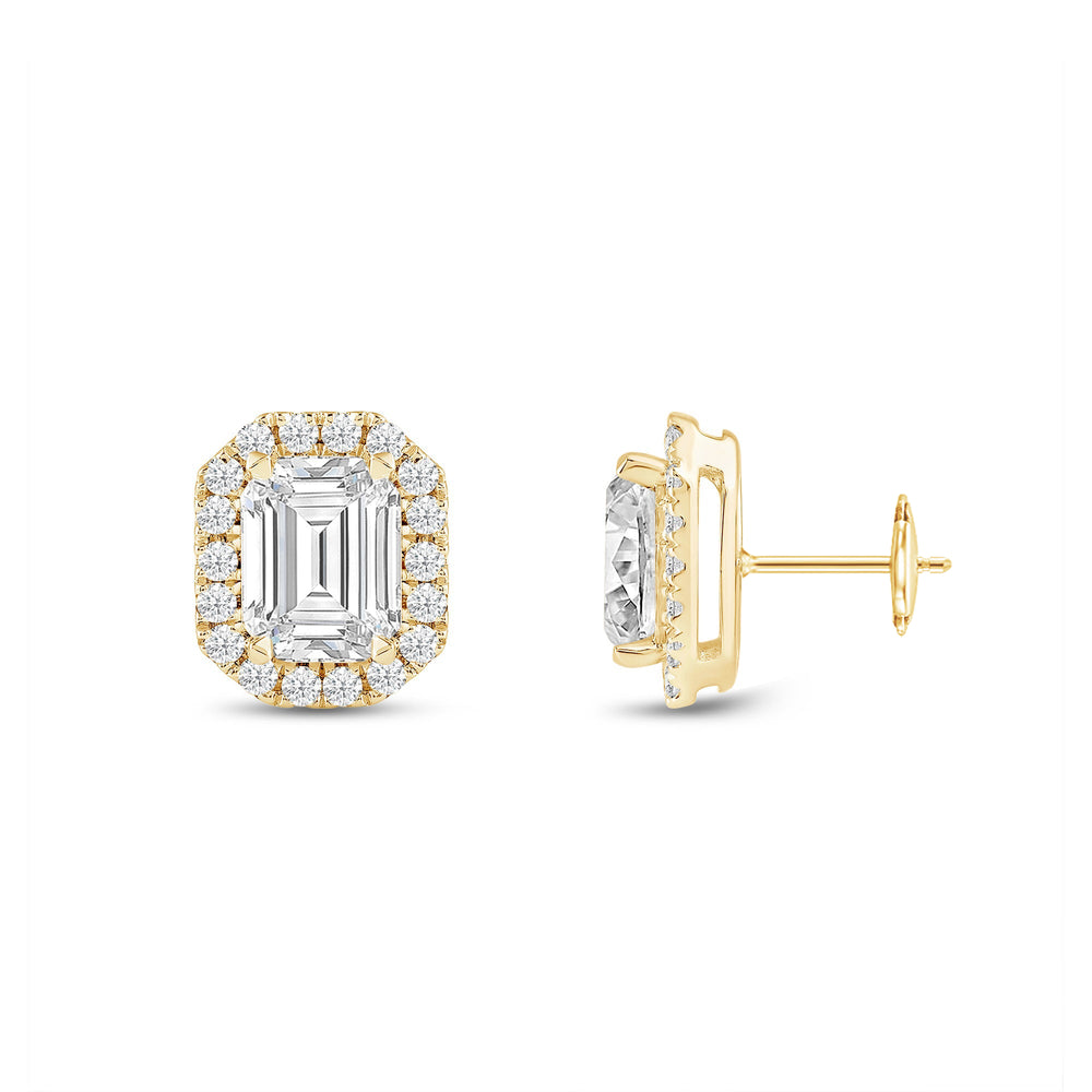 Emerald Diamond Halo Earrings with 14KT Yellow Gold / Lab / 3 1/2 Cut Diamond in 14KT Yellow Gold / Lab / 3 1/2 view 5
