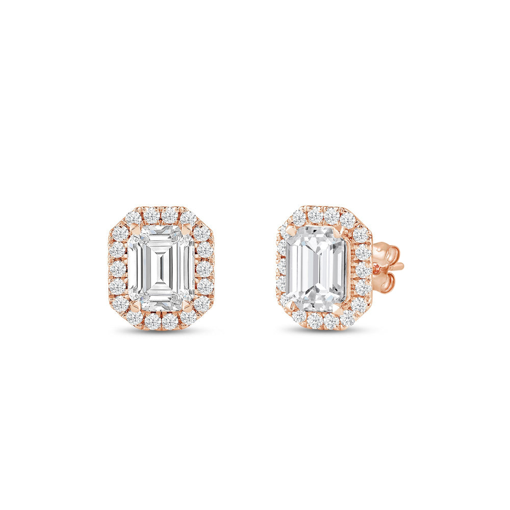 Emerald Diamond Halo Earrings with 14KT Rose Gold / Lab / 1 1/4 Cut Diamond in 14KT Rose Gold / Lab / 1 1/4 view 1
