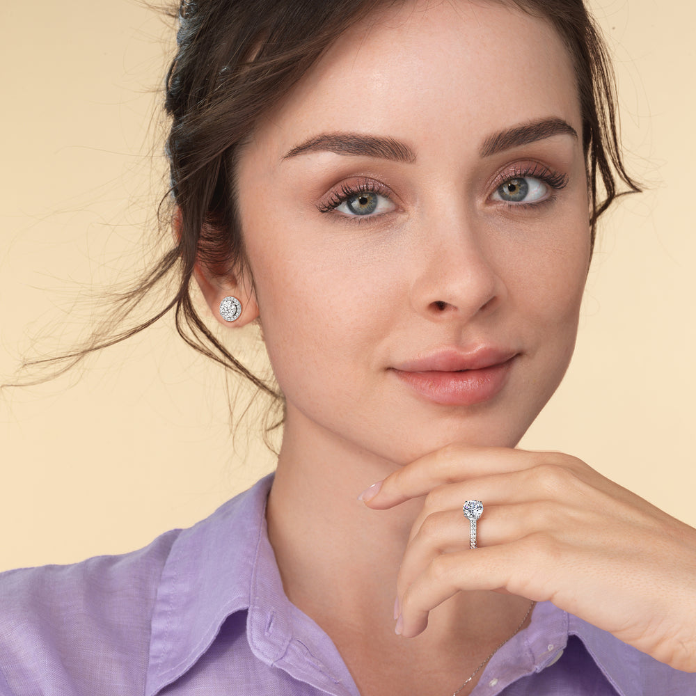 Round Diamond Halo Earrings with 14KT Yellow Gold / Lab / 3 1/2 Cut Diamond in 14KT Yellow Gold / Lab / 3 1/2 view 2
