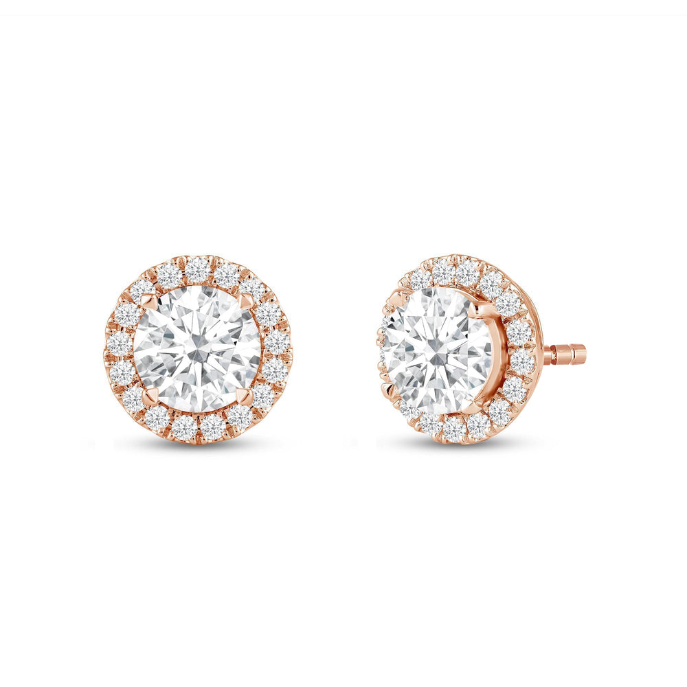 Round Diamond Halo Earrings with 14KT Rose Gold / Lab / 3 1/2 Cut Diamond in 14KT Rose Gold / Lab / 3 1/2 view 1
