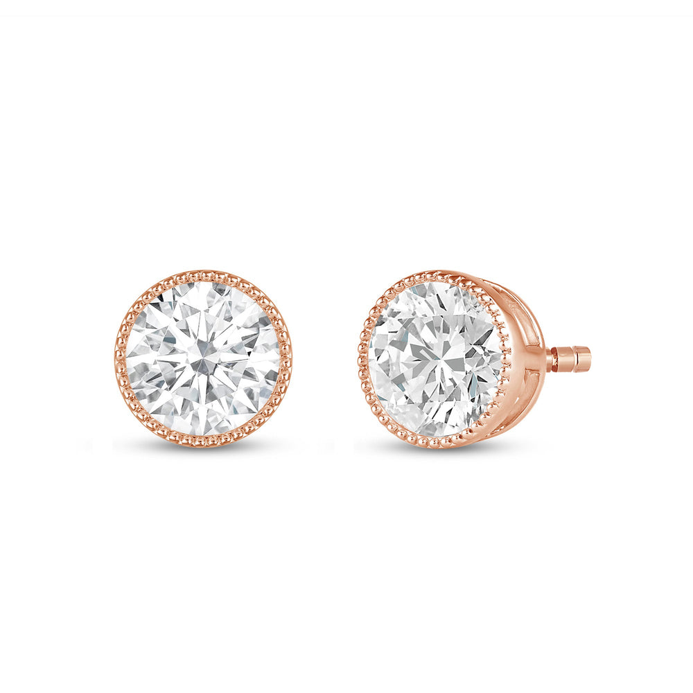 Round Diamond Milgrain Solitaire Stud Earrings with 14KT Rose Gold / Lab / 4 Cut Diamond in 14KT Rose Gold / Lab / 4 view 1
