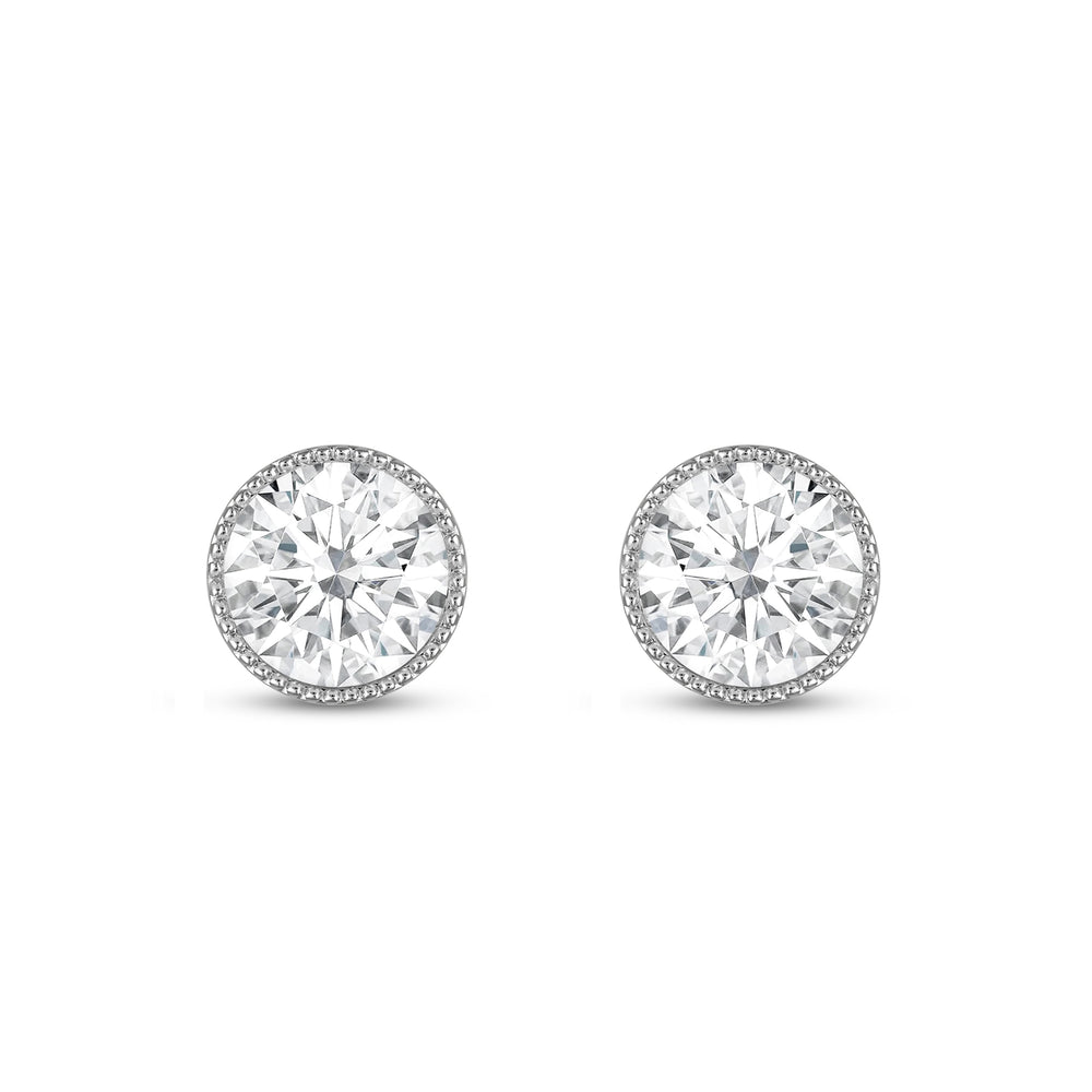 Round Diamond Milgrain Solitaire Stud Earrings with 14KT White Gold / Lab / 3 Cut Diamond in 14KT White Gold / Lab / 3 view 4

