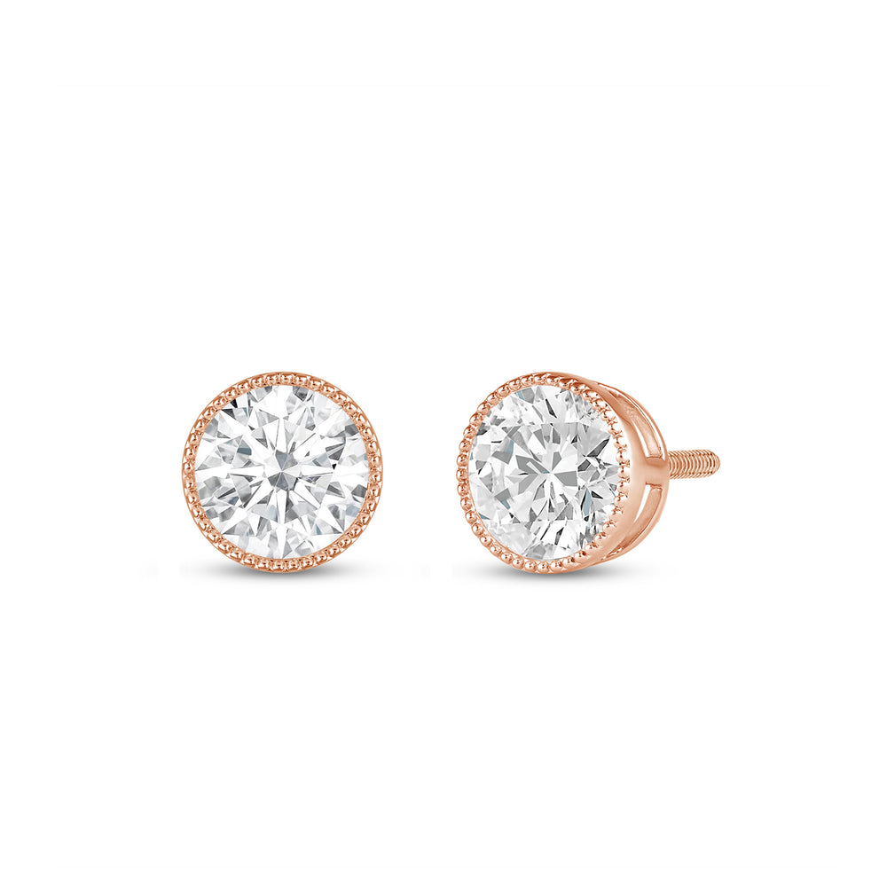 Round Diamond Milgrain Solitaire Stud Earrings with 14KT Rose Gold / Lab / 2 Cut Diamond in 14KT Rose Gold / Lab / 2 view 1
