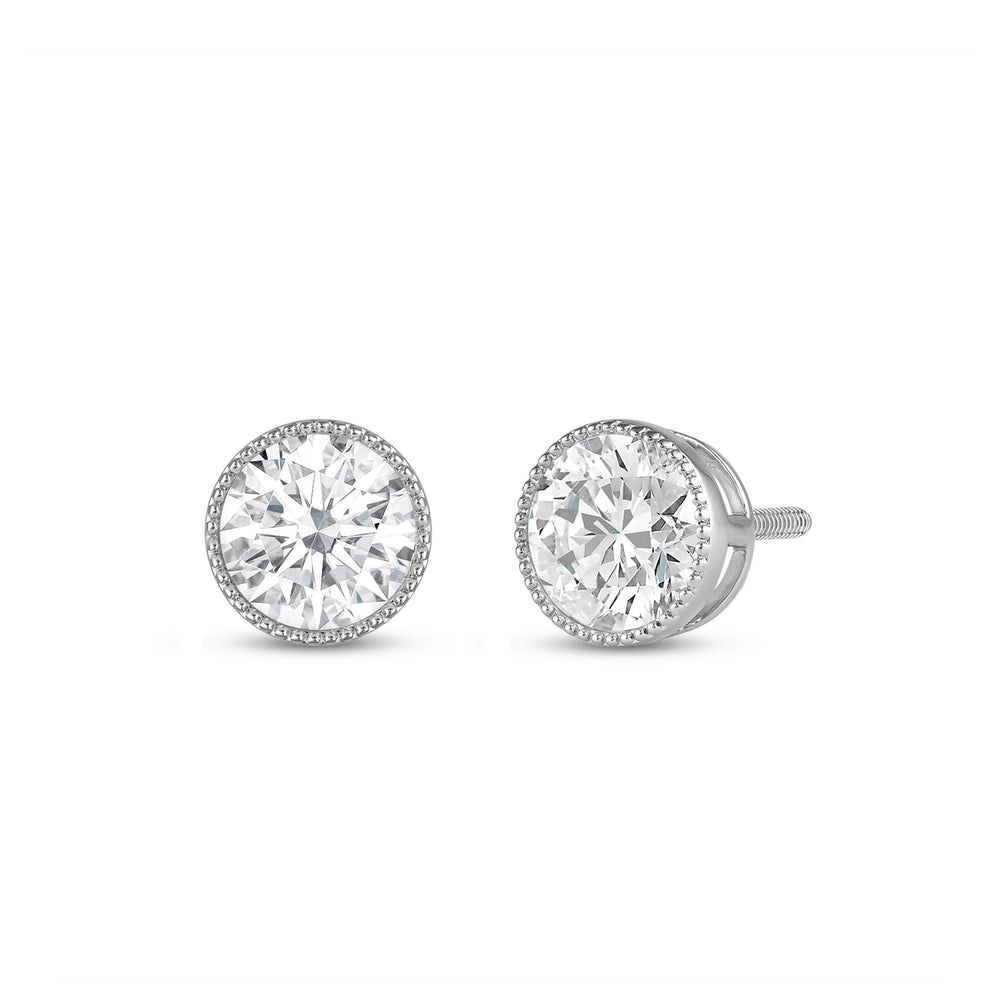 Round Diamond Milgrain Solitaire Stud Earrings with 14KT White Gold / Lab / 2 Cut Diamond in 14KT White Gold / Lab / 2 view 1

