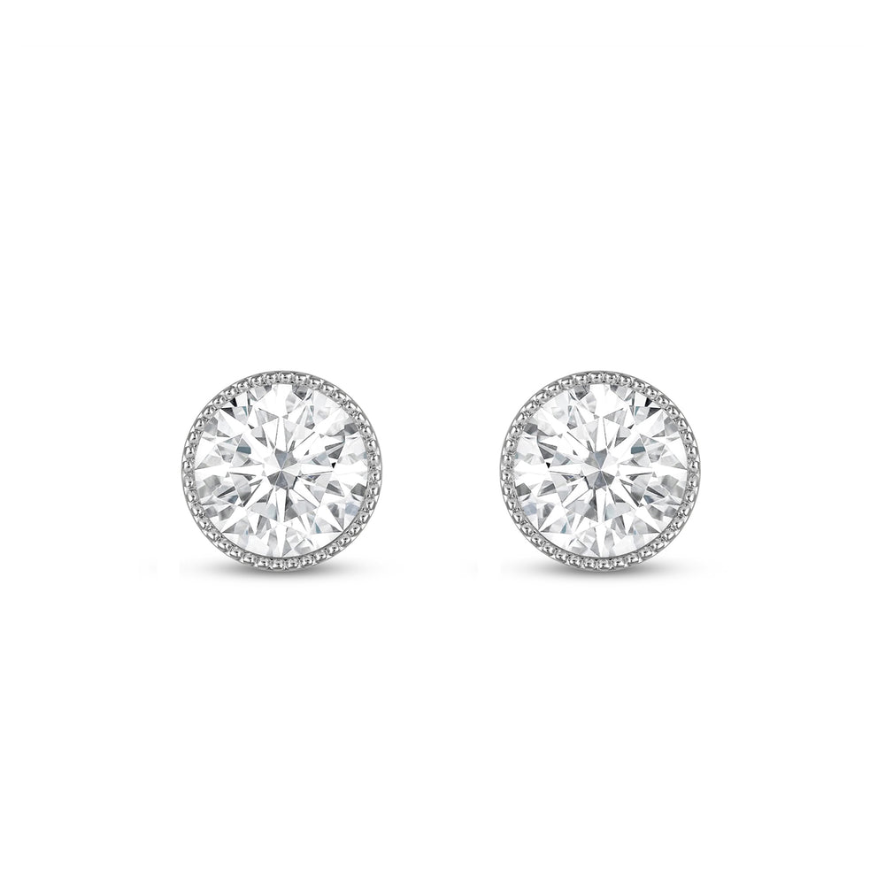 Round Diamond Milgrain Solitaire Stud Earrings with 14KT White Gold / Lab / 2 Cut Diamond in 14KT White Gold / Lab / 2 view 4
