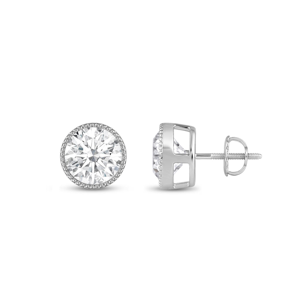 Round Diamond Milgrain Solitaire Stud Earrings with 14KT White Gold / Lab / 2 Cut Diamond in 14KT White Gold / Lab / 2 view 5
