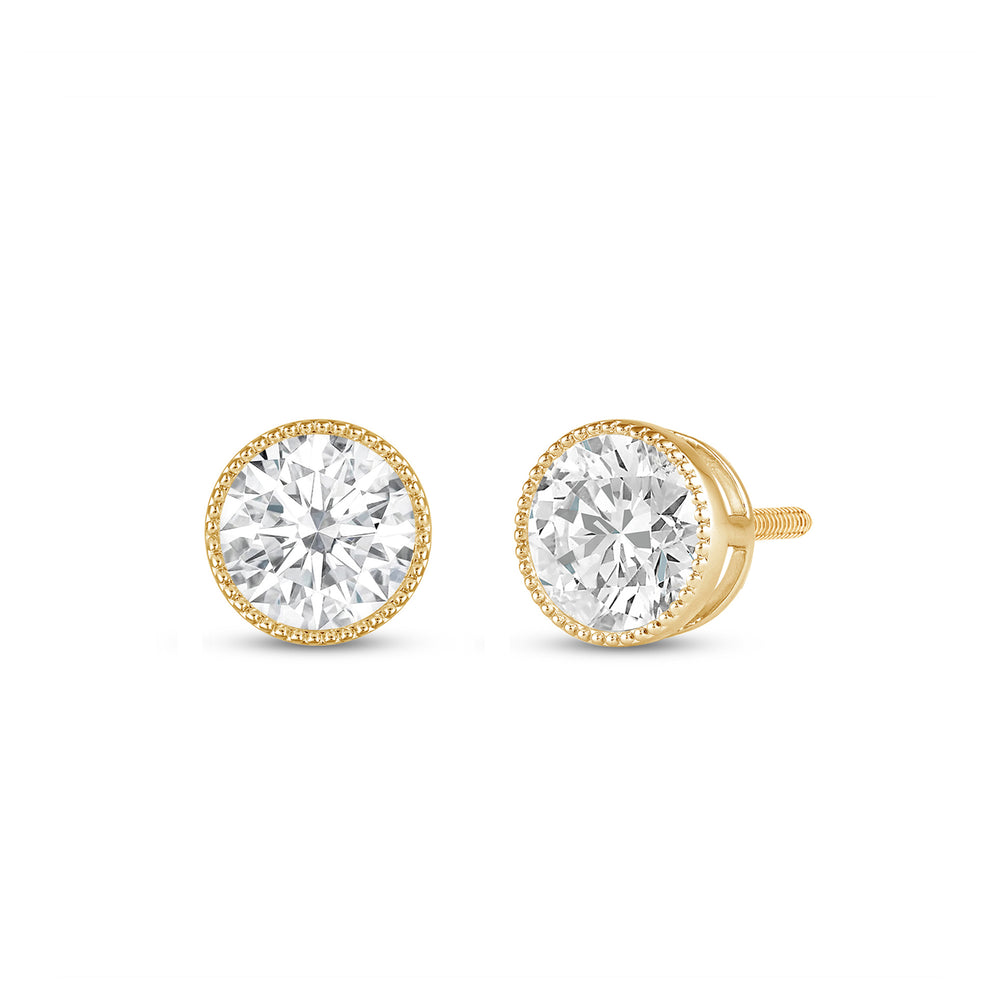 Round Diamond Milgrain Solitaire Stud Earrings with 14KT Yellow Gold / Lab / 2 Cut Diamond in 14KT Yellow Gold / Lab / 2 view 1
