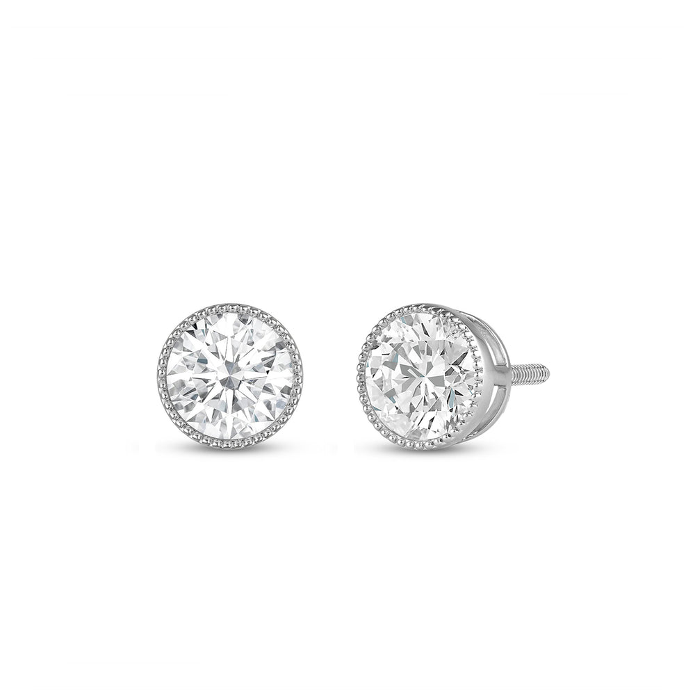 Round Diamond Milgrain Solitaire Stud Earrings with 14KT White Gold / Lab / 1 Cut Diamond in 14KT White Gold / Lab / 1 view 1
