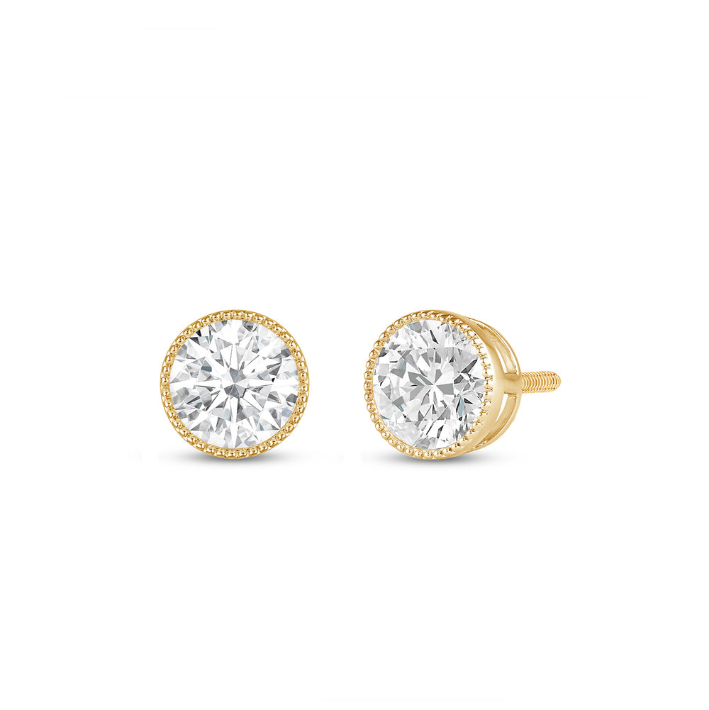 Round Diamond Milgrain Solitaire Stud Earrings with 14KT Yellow Gold / Lab / 1 Cut Diamond in 14KT Yellow Gold / Lab / 1 view 1
