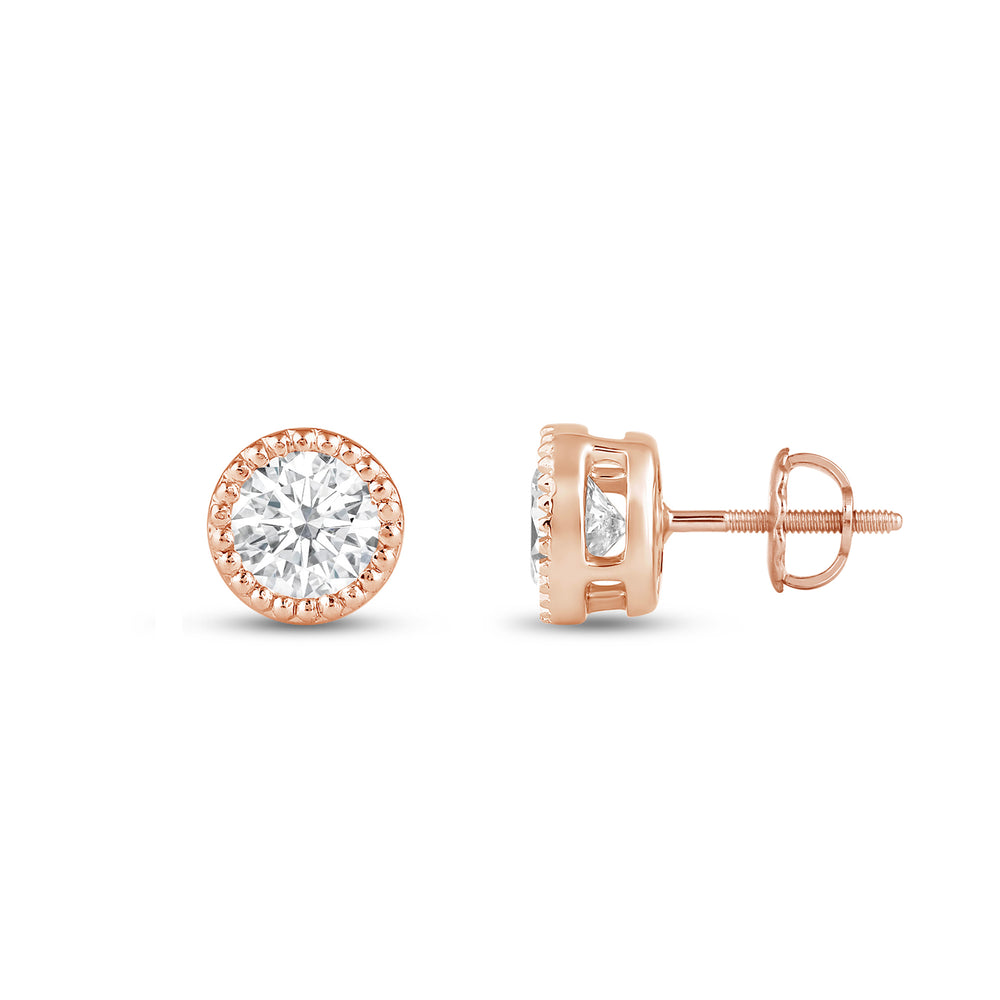 Round Diamond Milgrain Solitaire Stud Earrings with 14KT Rose Gold / Lab / 1/2 Cut Diamond in 14KT Rose Gold / Lab / 1/2 view 5

