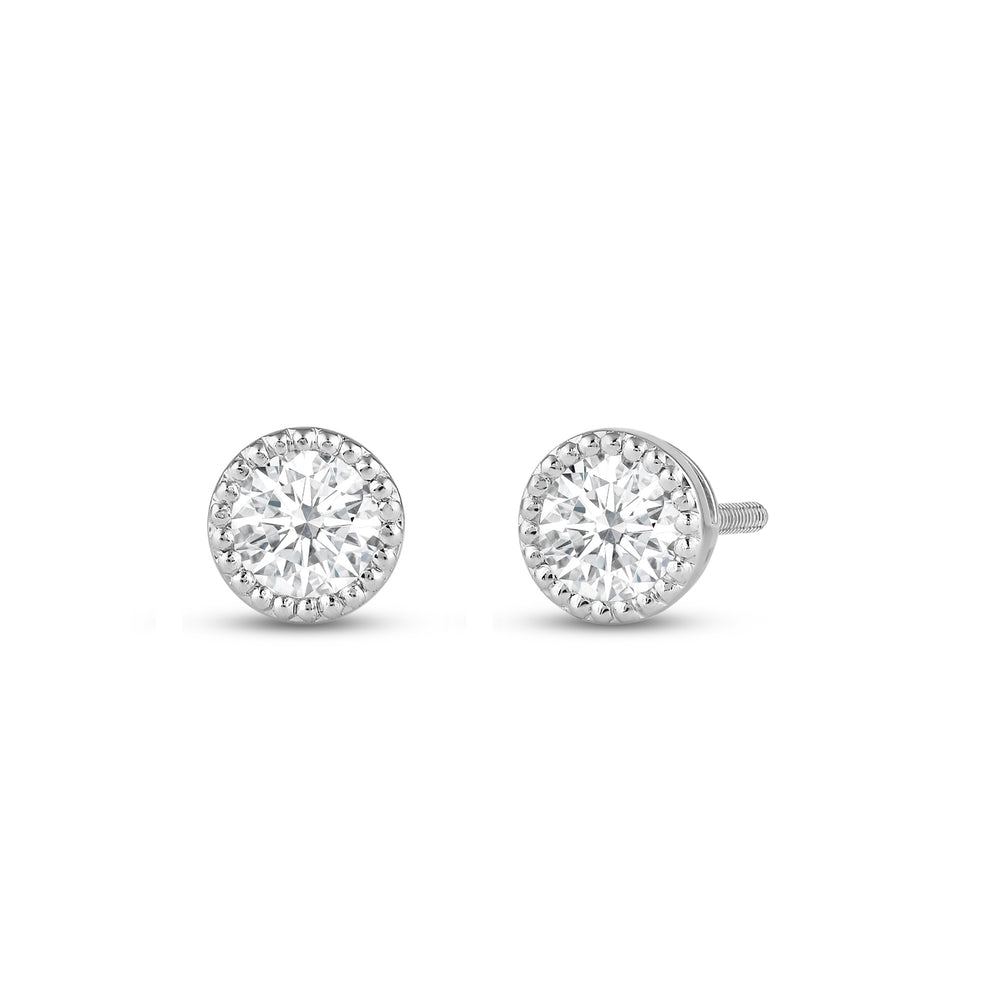 Round Diamond Milgrain Solitaire Stud Earrings with 14KT White Gold / Lab / 1/2 Cut Diamond in 14KT White Gold / Lab / 1/2 view 1
